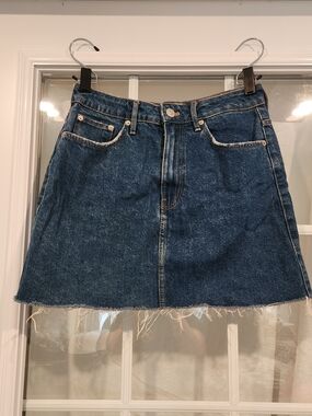 Zara Dark Blue Denim Frayed-Hem Mini Skirt